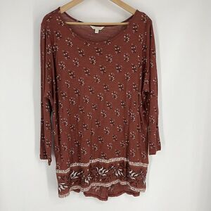 Lucky Brand Top Size Large Womens Burnt Sienna Floral Print Blouse Boat Neck